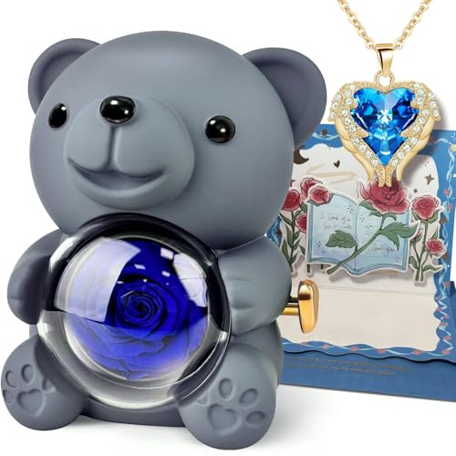 DINGHENG Rosen Bär Mit Herz Damen Halskette, Konservierter Rosen Bär Ewige Echte Rose, Muttertag Valentinstag Hochzeitstag Geschenk für Mama Freundin (blau)