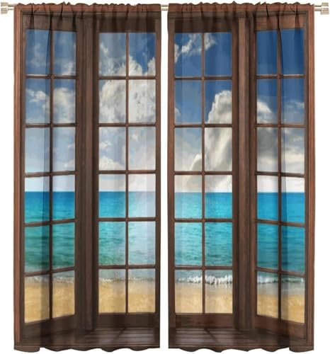 Vorhang Blickdicht Gardinen Mit Ösen - 2 Stücke 140 (B) X 160 (H) cm Verdunklungsvorhänge 3D Strandlandschaft Muster Thermovorhang Für Kinderzimmer Schlafzimmer Weihnachtsgardinen 9426352065886