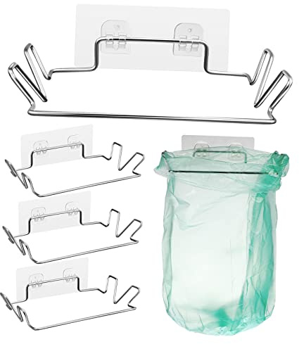 HOLIDYOYO Sets de Supports Design Suspendu Paquet Poubelle Lot de 4 en Acier Inoxydable Argenté Facile à Installer avec Autocollants, Cuisine et Salle de Bain