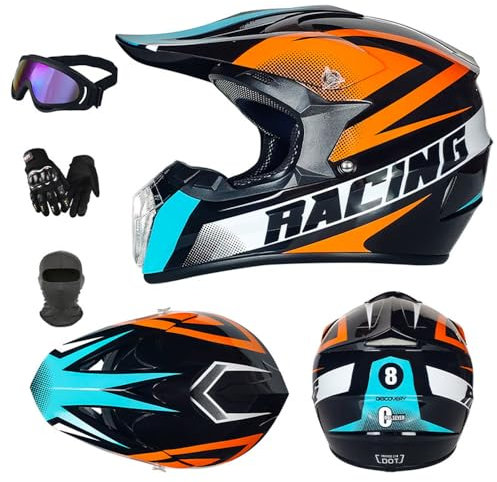 SMTSEC Motorradhelm Cross Kinder Erwachsene Full Face MTB Helm ATV Motocross Helm Damen Herren Mit Schutzbrillen Maske Handschuhe Downhill Helm Mopedhelm Schutzhelm Für Cruiser Chopper,Orange-M