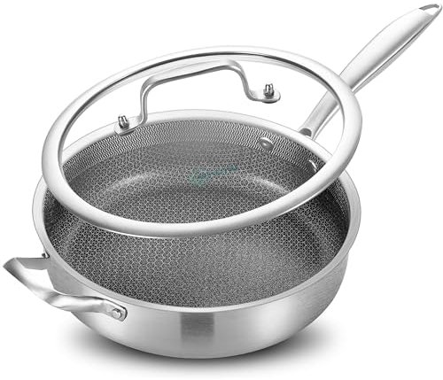 LOLYKITCH 6 Quarts Hybrid Non Stick Tri-Ply Stainless Steel Sauté Pan with Lid,12 Inch Deep Frying Pan,Large Skillet,Induction Cooking Pan, Oven Safe and Detachable Handle.