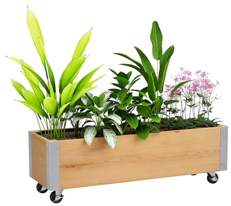Outsunny Blumenkasten auf Rollen - rechteckiger Blumenkasten - Bewässerungseinsätze, inkl. Drainagefilz - Metall Massivholz, Naturholz