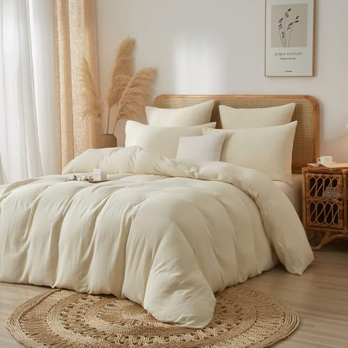 DXHOME Muslin Bettwäsche 135x200 Beige Uni Baumwolle Bettwäsche-Sets Sommer Atmungsaktiv Kühlende Wendebettwäsche Weiche Bettbezug mit Reißverschluss + 1 Kissenbezug 80x80 cm