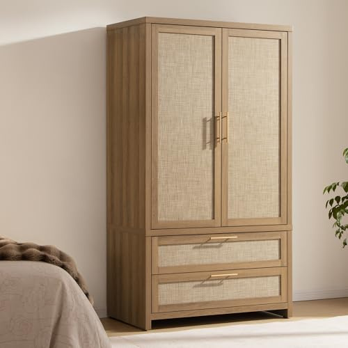 SICOTAS Rattan Armoire Wardrobe Closet Cabinet, 71 Tall Wardrobe Storage Cabinet with 2 Drawers and Hanging Rod, Boho Large-Capacity Deep Armoire Clothes Organizer for Bedroom, Cloak Room, Oak