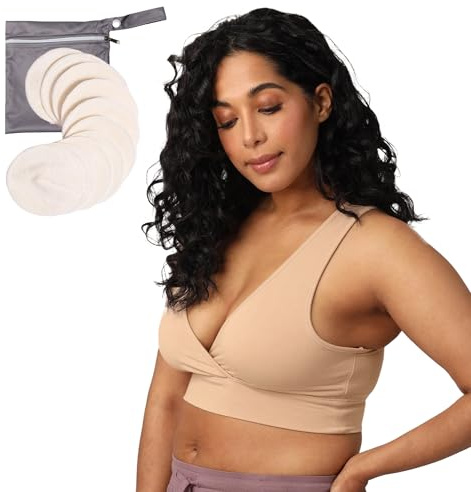 Kindred Bravely French Terry Racerback Nursing Sleep Bra (Beige, Small) & Organic Washable Breast Pads Bundle