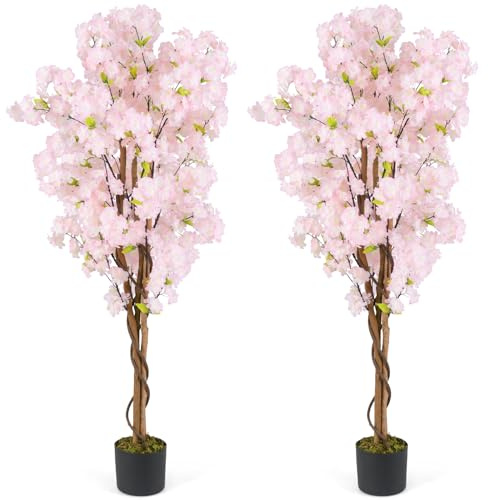 RELAX4LIFE 2 Sakura-Cerisier Artificiels 150 CM, Fausse Fleur avec Pot en Plastique Rempli de Ciment, Feuilles Persistantes, Fausse Plante Florale, Décoration d'Intérieur pour Maison, Bureau