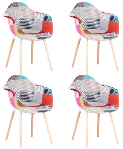 BenyLed Juego de 4 Sillas de Comedor, Sillas de Cocina con Apoyabrazos y Patas de Madera de Haya, Sillas Patchwork para Comedor, Salón, Dormitorio, etc. (Rojo)