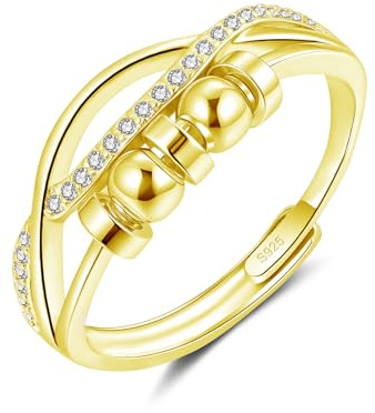 Josfeva Silber 925 Anxiety Ringe, 925 Sterling Silber Anti Stress Ringe | Offen Einstellbare Angstring mit Perlen, Spinner Fidgetring mit Cubic Zirkonia, Unisex Dekompressionsring für Angst Menschen