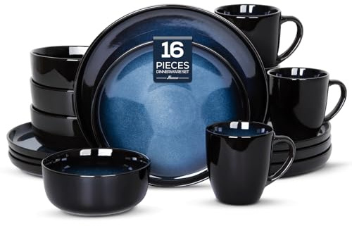 Romswi Dinnerware Set for 4, 16 pcs Stoneware Plates and Bowls Sets with Mugs, Chip & Scratch Resistant Dish Set, Handmade Reactive Glaze, Oven,Microwave and Dishwasher Safe, Dreamy Moonlight-Blue