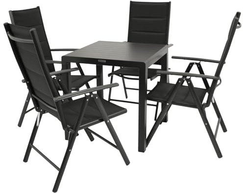 DEGAMO Gartengarnitur Paris 5-teilig, 4X Klappsessel aus Aluminium anthrazit und gepolstertem Textilgewebe in schwarz + 1x Tisch Aluminium 70x70cm, anthrazit
