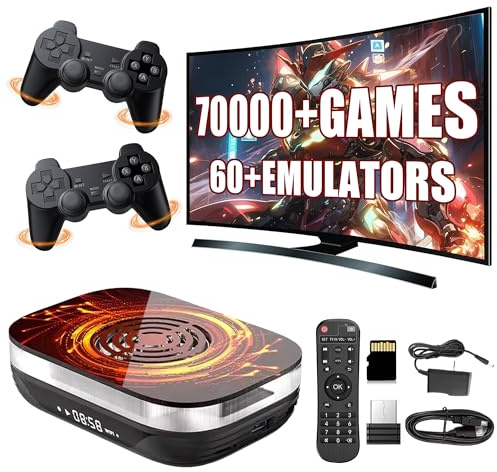 Super Console X4 Plus Retro Game Console with 60000+ Games 60+ Emulators,EmuELEC & Android & CoreELEC 3-in-1 System Video Game Console,4K HD Dual Wireless Controllers,Plug and Play Emulator Console