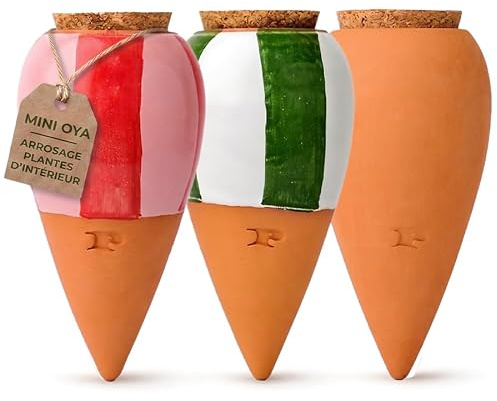 Pepin | 3X Mini Ollas Rayés | Oyas A Planter Terre Cuite | Arrosage Automatique et Ecologique pour Plante d'Intérieur et d'Extérieur | Système d'Irrigation Naturel | Mini Oyas Terracotta - 12cl