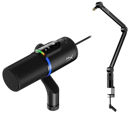 HyperX Flipcast - Micrófono dinámico cardioide para Streaming, podcasts y grabación Vocal + Brazo Caster