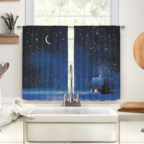 Treer 2 Stück Scheibengardine Bistrogardine Universum Drucken Gardinen Kurz Vorhänge Verdunklungsvorhänge, Vorhang Blickdicht Waschbar Curtains für Küchen & Schlafzimmer (Mond,90x60cm)