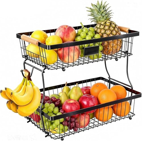 Obst Etagere 2 Stöckig, Abnehmbarer Obstkorb Etagere, Obstschale Etagere mit Holzgriff für Obst Aufbewahrung, Gemüse Aufbewahrung (Schwarz)
