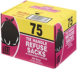 LE CUBE Tie Handle Refuse Sacks, Dispenser Box of 75 Black Plastic Bin Bags, 100 Litre Capacity, Suitable for Household Waste, Rim 150cm x Depth 100cm