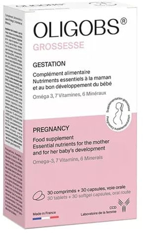 Oligobs Grossesse | Complément alimentaire femme enceinte | Vitamines, Fer, Iode, Acide Folique 400 µg, DHA Oméga 3 | Vitamines prénatales | 30 comprimés + 30 capsules | Fabriqué en France