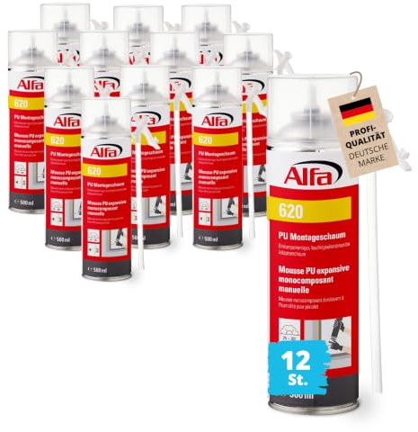 12x Alfa Adapterschaum 0,5 l – Montageschaum zum Abdichten & Isolieren (6l) | Profi-Qualität - Einkomponentiger Bauschaum inkl. Röhrchen zur Montage von Fenstern & Fugen – feuchtigkeitshärtend