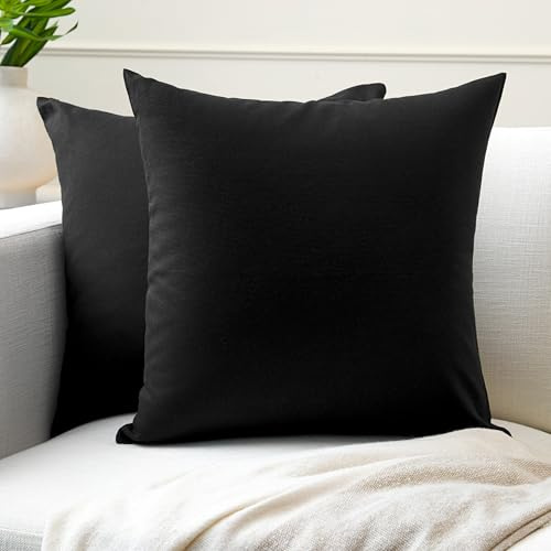 Encasa XO Kissenbezug Baumwolle, ohne Füllung 60x60 cm | Tiefschwarz, Canvas Gewebe | Verdeckter Reißverschluss | Maschinenwaschbar | Sofakissen, Couch & Bett | 2er-Set
