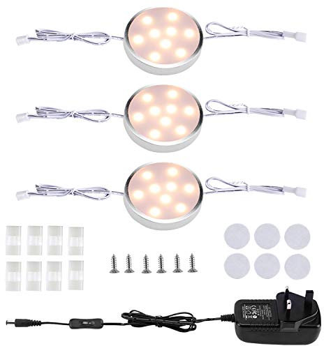 LABOREDUCER Under Cabinet Kitchen Lights Wired 3 Pack,2700K Warm White Under Cupboard Light with Switch & UK Adapter,12V Puck Lights LED Night Light for Kitchen,Wardrobe and Cupboard