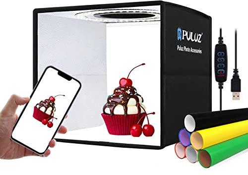 PULUZ Mini ljusbox fotografi 25 cm/9,8 tum fotolåda bärbar fotostudio dimbar fotograferingstält-kit med 96 LED-lampor och 12 färger bakgrunder för små föremål display