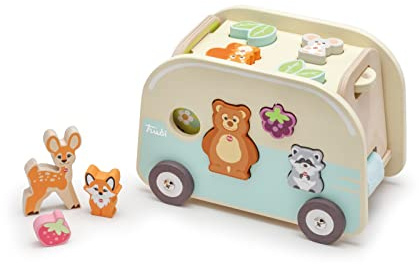 SEVI Trudi by 88036 Steckspiel Wald-Wohnmobil aus Holz, 11-teiliges Sortierspiel, Formen Lernen mit Tierfiguren, Caravan lässt Sich öffnen, Lernspielzeug für Kinder ab 12 Monaten, ca. 26 x 18 x 15 cm