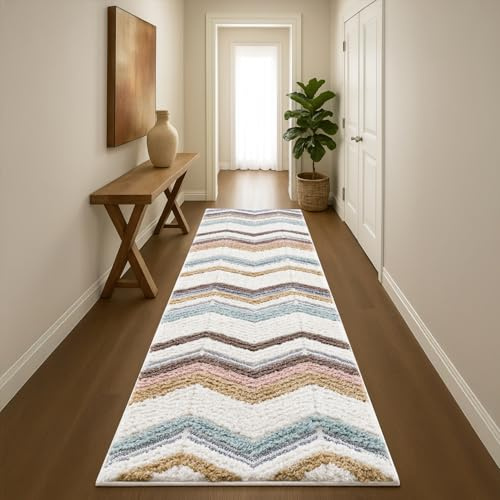 payé Teppich Läufer fürs Flur - 80x300cm - Hochflor - Boho - Pastellfarben - Geometrisch Zick Zack - Muster - Skandinavisch Flauschig Weich - Schlafzimmer