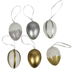 HEITMANN DECO Ostereier: 12 Deko-Eier zum Aufhängen aus Plastik, bruchsicher, Farbe weiß, Gold, Silber, mit Glitzer, ca. 6 cm