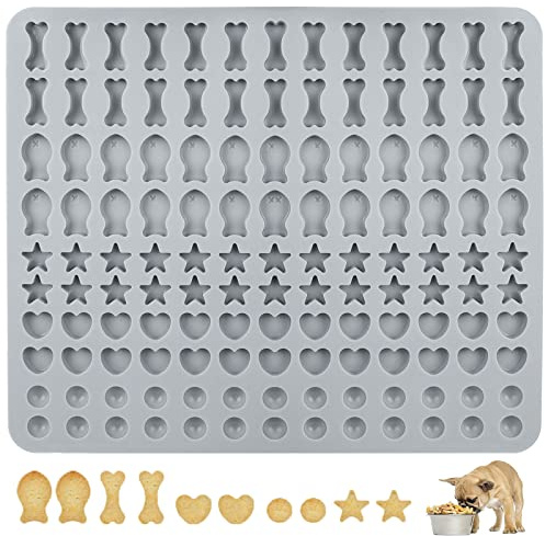 Backmatte Hundekekse,Silikon Backmatte Hundeleckerli 5 Formen in 1 | Backunterlage Backform für DIY Hundekekse und Leckerlis (Hellgrau Blau, 130 Gitter, Halbkugel Fischgräte Stern Herzform)