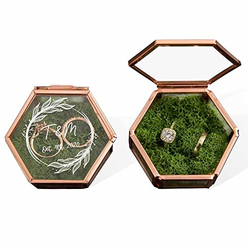 Custom Hexagon Glass Ring Box with Moss for Wedding Ceremony Birthday Engagement Ring Box for Proposal Bearer Box with Names & Initials Ring Holder Jewelry Ring Boxes Organiser