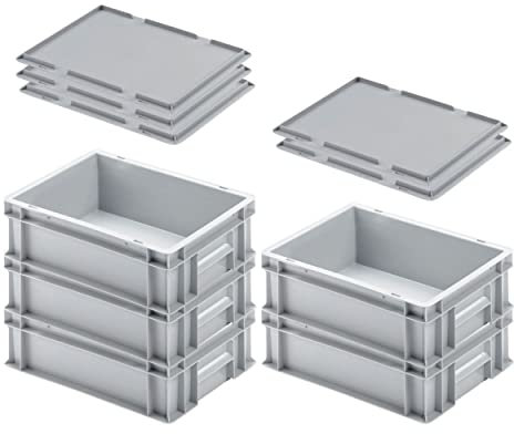 PROREGAL SuperSparSet 5x Eurobehälter mit geschlossenem Griff & Auflagedeckel | HxBxT 12x30x40cm | 11 Liter | Grau | Eurobehälter Transportbox Transportbehälter Stapelbehälter
