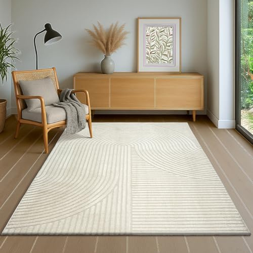the carpet Everest - Moderner Kurzflor Teppich Hoch-Tief-Struktur, 3D-Effekt, weiche Oberfläche und hohe Flordichte, ideal für Wohnzimmer & Schlafzimmer, Panglao Design, Creme, 140 x 200 cm