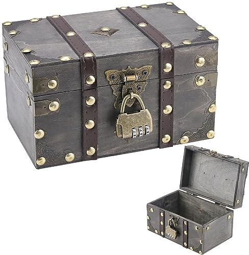 Graplan Vintage Holz Schatztruhe,Schatztruhe mit Zahlenschloss,Holz Aufbewahrung Schatzkiste,Klein Piratenschatztruhe,Schatztruhe Kinder für Aufbewahrung Dekoration Kindergeburtstag (18x11,5x10,5cm)
