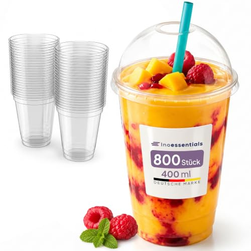 Inoverse Smoothie Becher 400 ml, 800 Stück, Plastikbecher mit Deckel, klar | Transparentes R-PET, Slush Becher, Bubble Tea Becher, Dessertbecher, für Milkshakes, Eiskaffee und Veranstaltungen