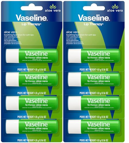 Vaseline Lip Therapy Aloe Fresh 8-Pack – Moisturizing Lip Balm for Very Dry Lips, 0.16 Oz Ea