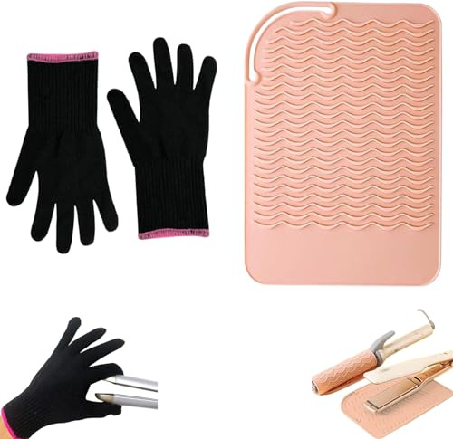 Vexquivera 2 PCS Professional Heat Resistant Glove with Silicone Heat Blocking Mat Hair Styling Heat Blocking for Curling Flat Iron and Curling Wand Universal Heat Resistant Mat