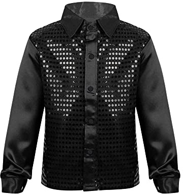 Rswnyirn Kids Boys Sparkly Sequins Jacket Blazers Long Sleeve Shirt Top for Latin Jazz Dance Stage Performance Black 10-12 Years