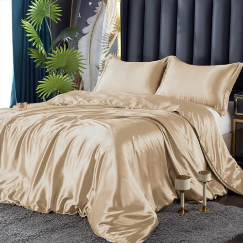 DXHOME Bettwäsche Satin 200x220cm Beige Gold Glänzend Seiden Glatt Einfarbig Bettwäsche-Sets Luxus Glanzsatin Microfaser Bettwäsche Bettbezug Set Einzelbett und Kissenbezüge 80x80 cm