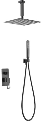 IMEX - Ducha Empotrada Techo Negra Monomando | Kit de Grifería Empotrado con Alcachofa y Rociador Antical Efecto Lluvia | Columna Ducha Empotrada en Latón y Acero Inox S.304 | Serie Suecia