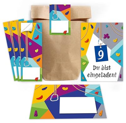 Minkocards 10 Einladungskarten zum 9. Kindergeburtstag Klettern Bouldern Mädchen Jungen Einladungen neunte Geburtstag incl. 10 Umschläge, 10 Partytüten/natur, 10 Aufkleber
