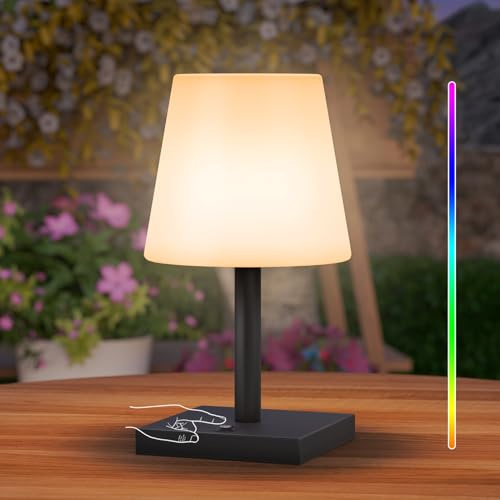 Postlucky LED Tischlampe Outdoor, Kabellos IP44 Wasserdicht | 8-40h Akku | Warmweiß & RGB Farben Dimmbar Touch USB-C Aufladbar für Innen/Außen