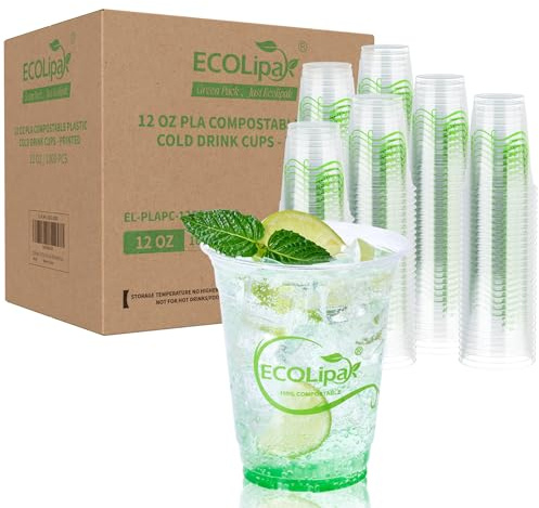 ECOLipak 1000 Count 12 OZ Clear Compostable Plastic Cups, Disposable Plant-Based Biodegradable Drinking Party Cups, PLA Plastic Cold Tumblers for Restaurant, Office, Canteen, Large Gathering
