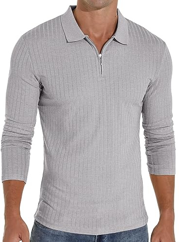 Sailwind Zipper Polo Shirts for Men Long Sleeve Slim Fit Shirts Casual Stretch Ribbed Knit Zip Shirt (Grey, L)
