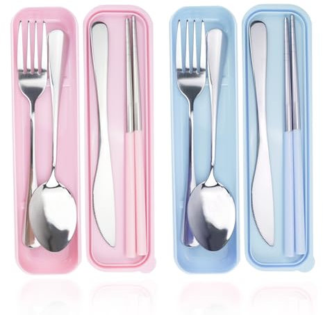 DIYJEP 2 Juegos de Cubiertos de Acero Inoxidable con Estuche, Cubiertos de Camping Portátiles， Cubiertos Viaje con Cuchillo Tenedor Cuchara Palillos Chinos para Llevar Trabajo Escuela (Azul + Rosa)