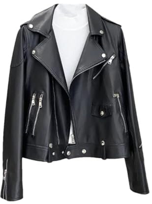 Damen Echtleder Jacke Frühling Motorrad Schaffell Mantel Langarm Moto Leder Outwear, Schwarz , XS