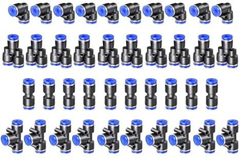 HAXIHA 40 stycken 3/8 tum Air push snabbfästen, pneumatiska kontakter, pneumatiska kontakter, splitter/vinkel/T-stycke/rak push-to-Connect beslag kit luftledning beslag