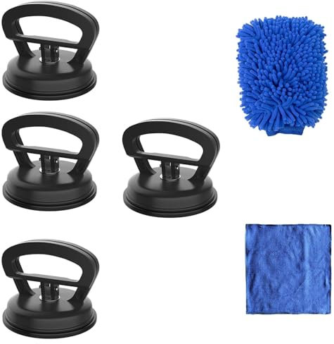 DawlQawwi ventouse carrosserie Kit Ventouses Débosselage Carrosserie (4x60mm), Gants & Chiffon Inclus, Réparation sans Peinture Auto/Vitre/Carrelage (4* petite ventouse + gants + serviette)