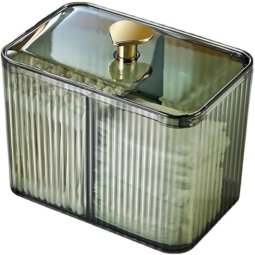 Pinkrin 3-Section Clear Qtip Holder with Dustproof Lid, Bathroom Cotton Ball and Qtip Organizer, Cotton Swab Container for Vanity Canisters Jars for Countertop Storage and Organization (Clear-Green)