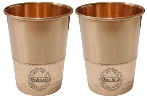 Fashnkart Verres en cuivre pur pour eau potable, santé ayurvédique, gobelets en cuivre pur, 10,14 oz, 300 ml (demi-martelés) (2 Pcs)