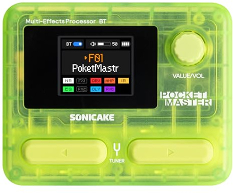 SONICAKE Multieffekt gitarrpedal 9 Effektmoduler 100 förinställningar 20 Amp/Cab Effektprocessor för OTG USB gitarr BT-ljudgränssnitt med APP Pocket Master transparent grön